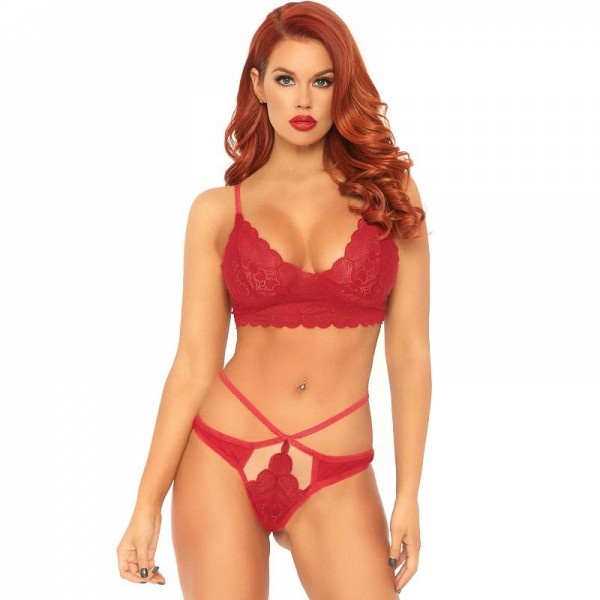 LEG AVENUE 2 PIECES SET LACE BRALETTE AND THONG M/L