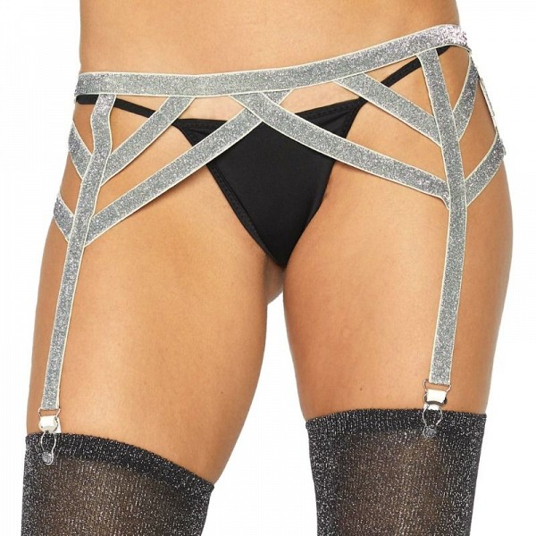 LEG AVENUE SILVER LUREX ELASTIC GARTER BELT ONE SIZE