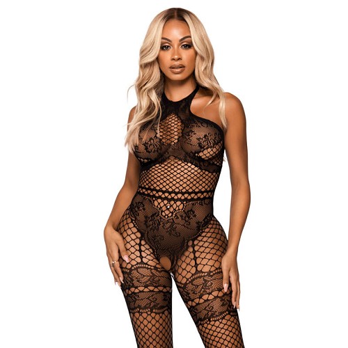LEG AVENUE NET HALTER BODYSTOCKING ONE SIZE - BLACK - CATSUITS