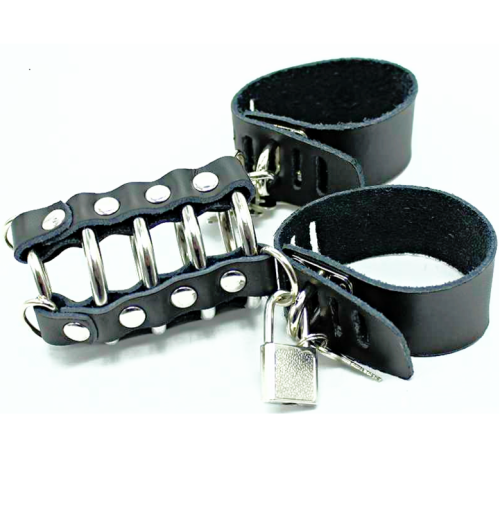 OHMAMA FETISH LEATHER STRAP METAL RING COCK CAGE WITH BALL DIVIDER - ΑΞΕΣΟΥΑΡ ΠΕΟΥΣ